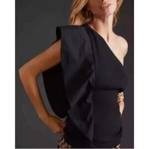 Anthropologie Black Ruffled One Shoulder Ruched Top - size XLP XL Petite